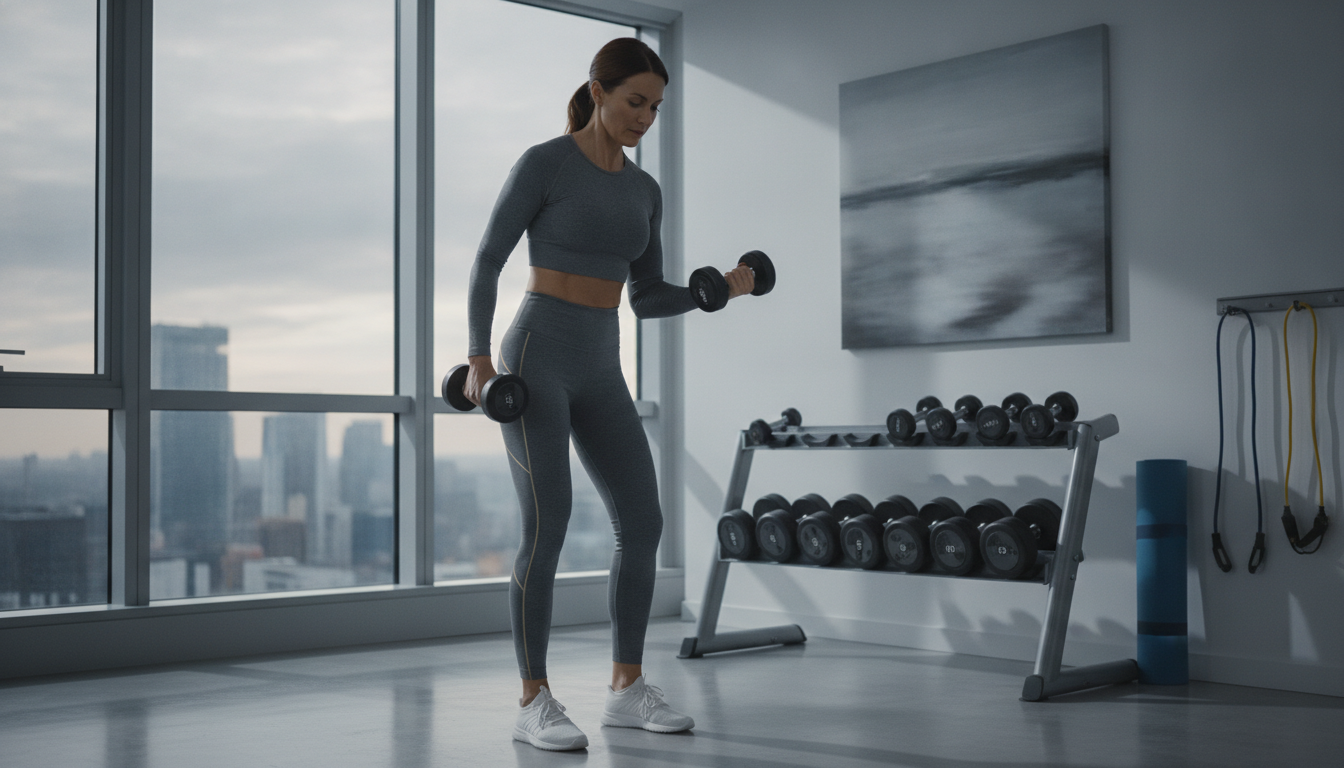 Frau mittleren Alters trainiert mit Hanteln konzentriert in modernem Home-Gym