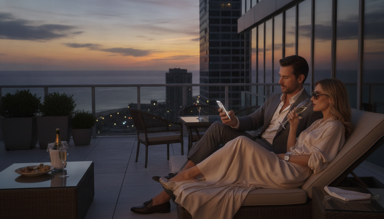 Coppia elegante con champagne su una terrazza di un attico pianifica insieme i propri appuntamenti