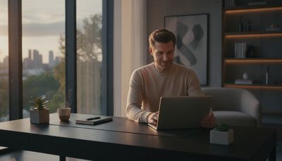 Unternehmer schließt abends bewusst seinen Laptop im edlen Home-Office