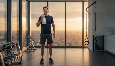 Geschäftsmann trainiert bei Sonnenaufgang in privatem Luxus-Fitnessstudio mit Skyline-Blick